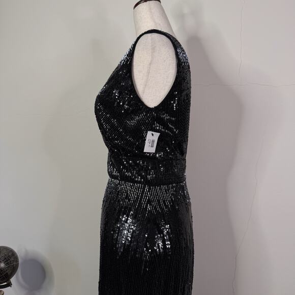 Burnett New York Sequin Beaded Deep V Gown Black Indigo Runway Dress Size 2 NWT - Picture 8 of 14